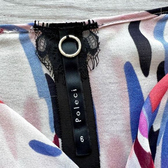 Poleci Women's Multicolor Lined Silk Abstract Midi Asymmetrical Dress Size 6 - Picture 4 of 9